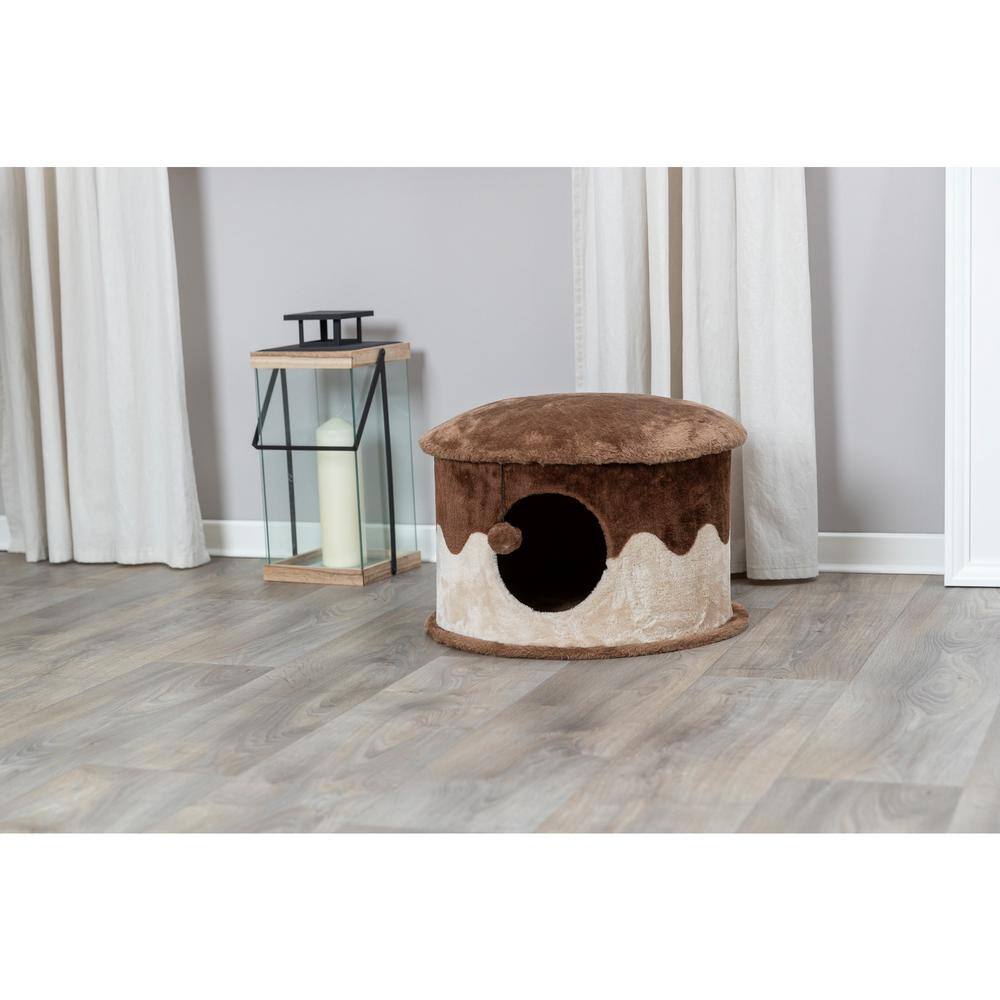 Cozy Brown and Beige Faux Fleece Cat Condo with Pom-Pom Toy