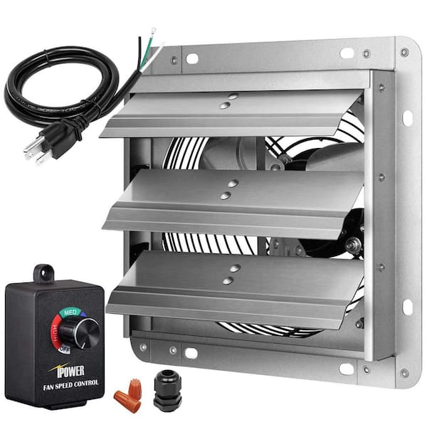 7 in. Silver Shutter Exhaust Wall Fan with 3 Speed Controller and Power Cord Kit, 1600 RPM, Aluminum, 760 CFM