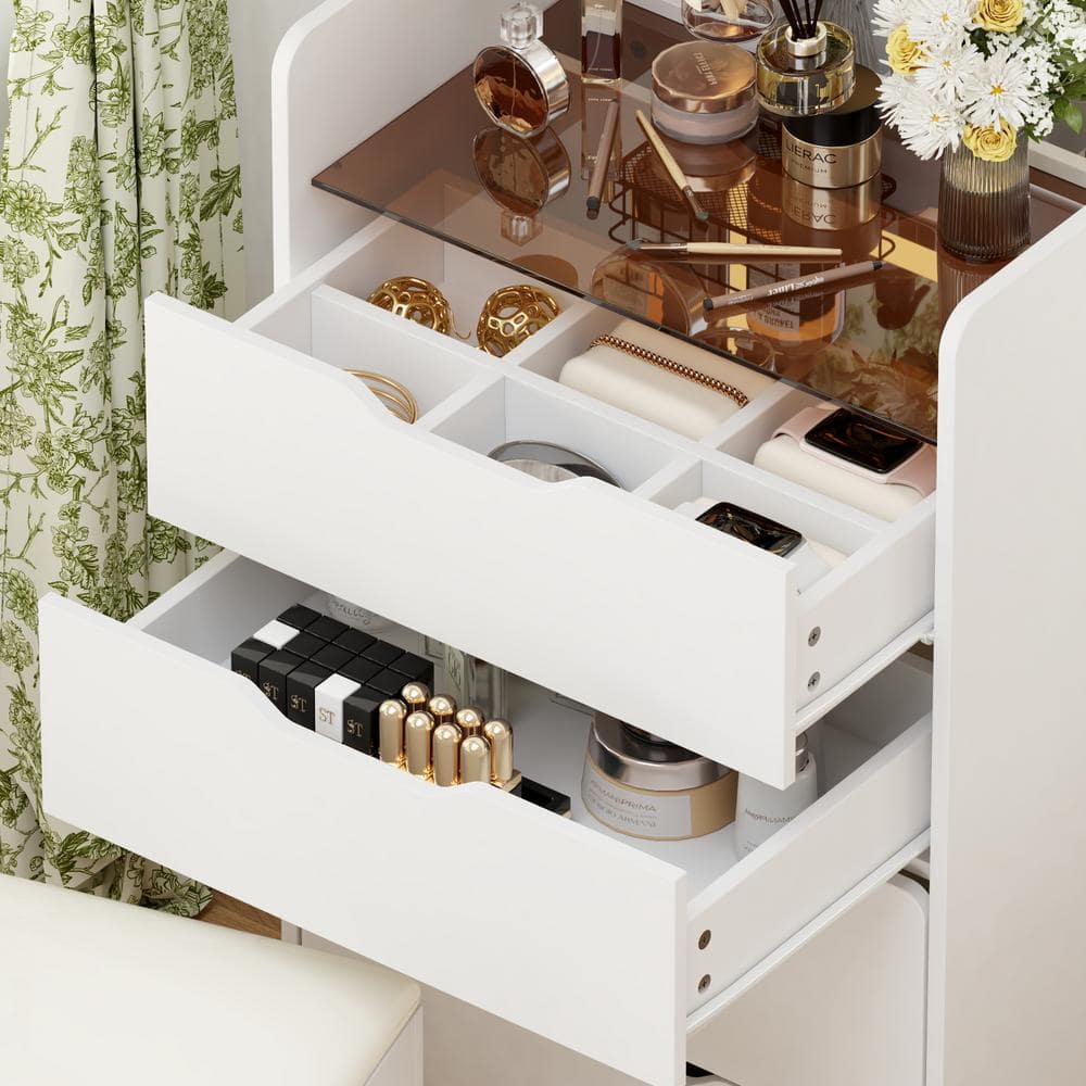 3-Drawer White Wood Makeup Vanity Set Dresser Table with Flip-Top Mirror, See-Through Glass Top, Lights, Stool - thumbnail 6