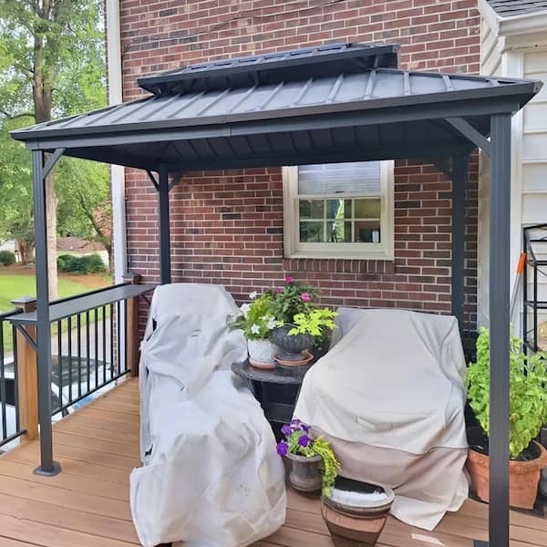 6 ft. x 9 ft. Hardtop Grill Gazebo for Patio Aluminum Barbecue Shelter Gazebo with Hooks and Shelves Double Tiered Grey