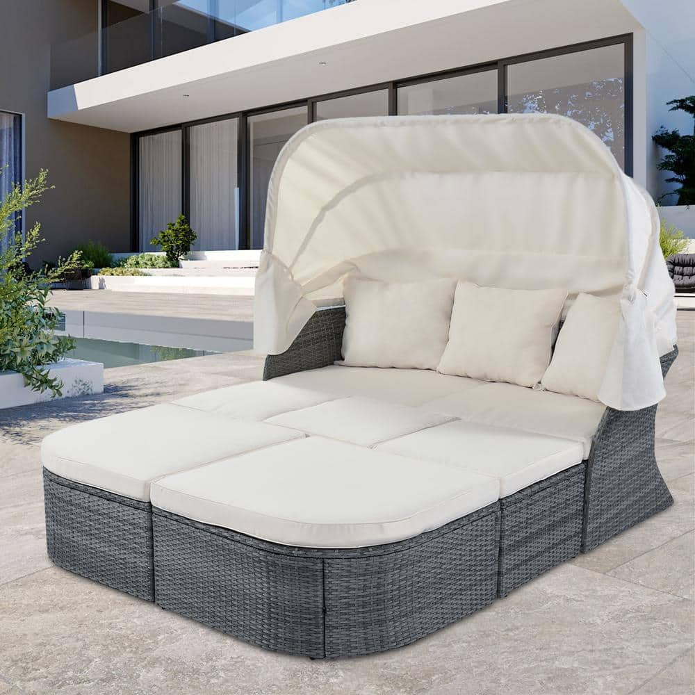 Zeus&Ruta 6-Piece Gray Patio Wicker Outdoor Day Bed with Beige Cushions ...