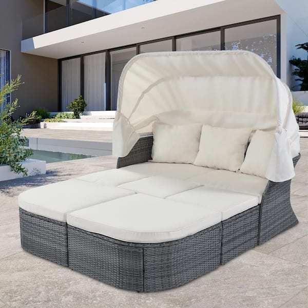 Zeus&Ruta 6-Piece Gray Patio Wicker Outdoor Day Bed with Beige Cushions and Retractable Canopy