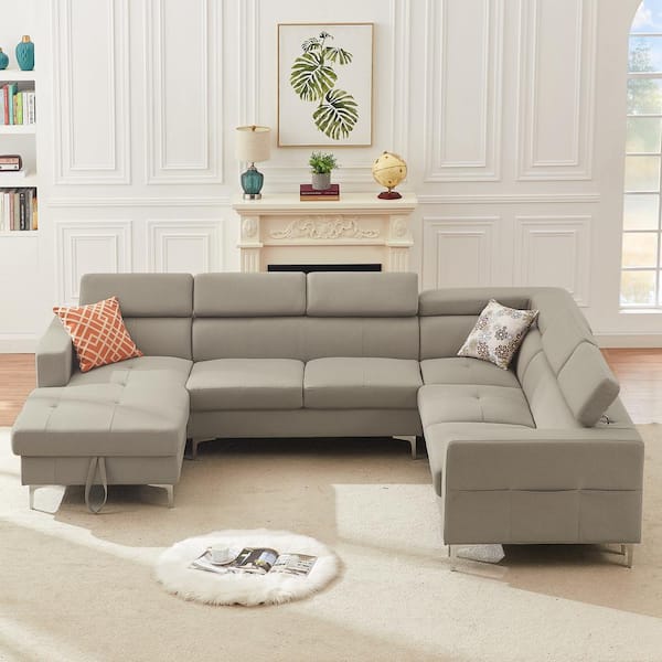 Magic Home 120 In U Shape Headrest Adjule Modern Sectional Sofa Linen Fabric With Storage Left Chaise Lounge Grey