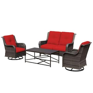 4-Piece Wicker Patio Conversation Set Loveseat Sofa Coffee Table with Red Cushion