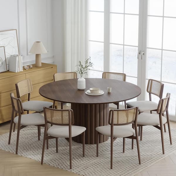 Dovelina 60 in. Natural Oak Wood Walnut Color Column Pedestal Round Kitchen Table Dining Table Seats 6