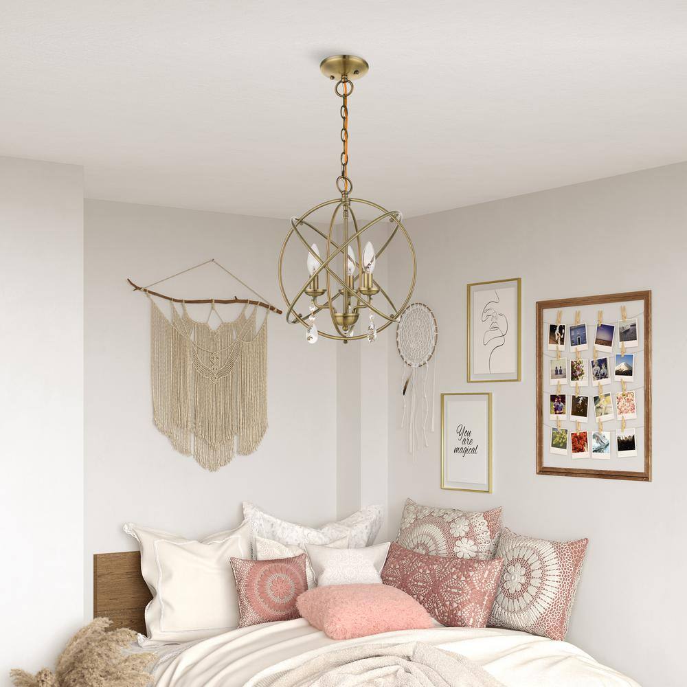 Antique Brass Mini 3-Light Chandelier with Teardrop Crystals