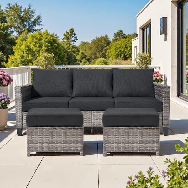 Audrey Gray 3-Seat Wicker Outdoor Lounge Chair Patio Seating Set with Black Cushion and Ottomans for Patio, Deck
