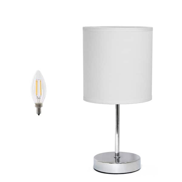 Creekwood home 11.81 in. Traditional Petite Metal Stick Table Lamp for Bedroom with Fabric Drum Shade and Feit LED Bulb, White