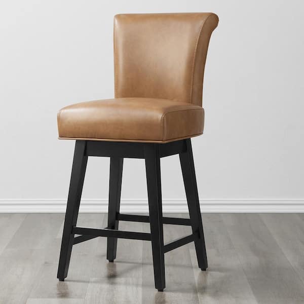 Spruce & Spring Dennis 26 in. Cognac Brown Solid Wood Frame Swivel Counter Height Bar Stool with Back and Faux Leather Seat