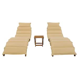 Portable Extended Chaise, Wood Outdoor Lounge Chair with Brown Cushion Foldable Tea Table for Balcony, Poolside, Garden