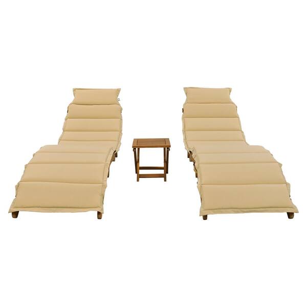 Zeus & Ruta Portable Extended Chaise, Wood Outdoor Lounge Chair with Brown Cushion Foldable Tea Table for Balcony, Poolside, Garden