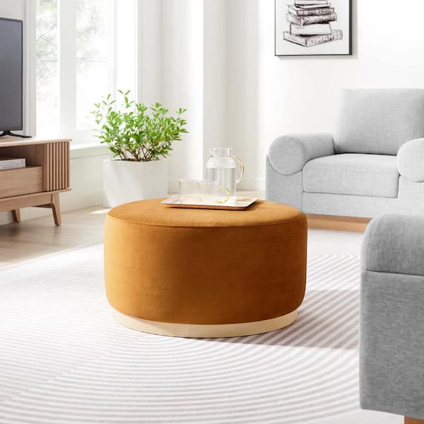 MODWAY Tilden Large 29 in. Round Performance Velvet Upholstered Ottoman in Rust Natural