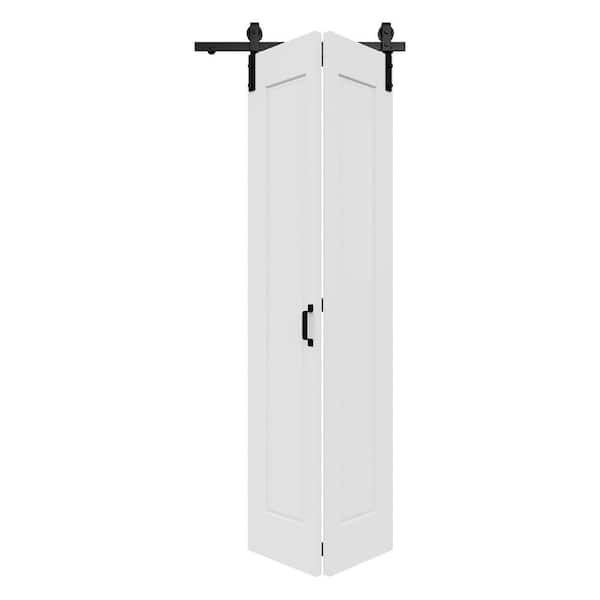 32 in. x 84 in. Paneled 1-Lite White Primed Hollow Core MDF Composite Bi-Fold Door with Bifold Barn Door Hardware