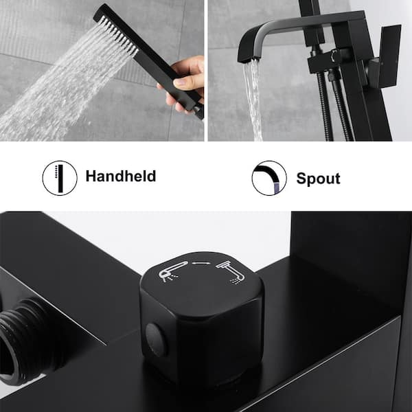 Freestanding Floor Mount Single Handle Bath Tub Filler Faucet with Handheld Shower in Black