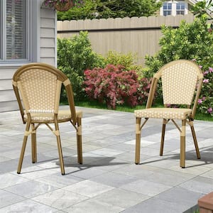 Wicker Bistro Chair French Hand-Woven Armless Chairs for Outdoor Patio Indoor Dining Chairs in Cream Yellow (2-Pack)