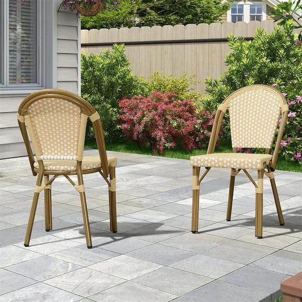 PURPLE LEAF Wicker Bistro Chair French Hand-Woven Armless Chairs for Outdoor Patio Indoor Dining Chairs in Cream Yellow (2-Pack)