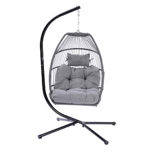 Indoor Resin Wicker Egg Chair Folding Outdoor Hanging Chair Patio Swing Chair with Stand, Gray Cushion and Pillow