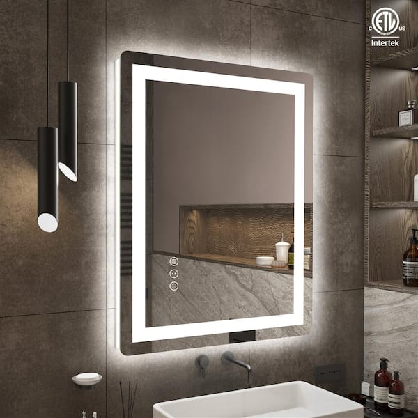 Hpeytaire 28 in. W x 36 in. H Rectangular Rounded corner Frameless Anti-Fog LED Light Wall Mounted Bathroom Vanity Mirror in White