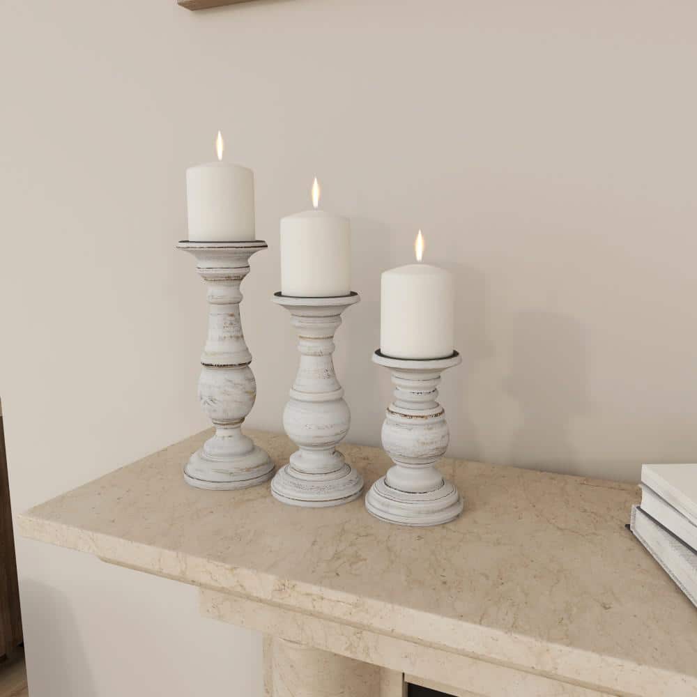 Set of 3 White Distressed Wood Pillar Candle Holders