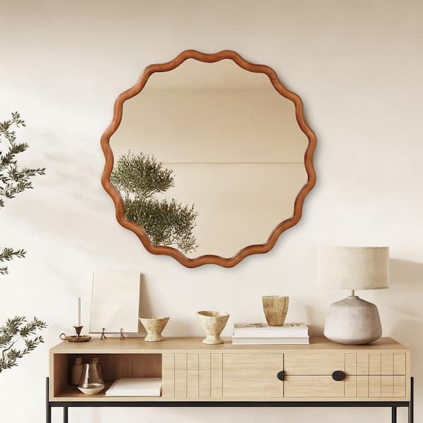 Yellow Brown 36 in. W x 36 in. H Wavy Round Solid Wood Framed Mirror for Bathroom Vanity Living Room Entryway Decor