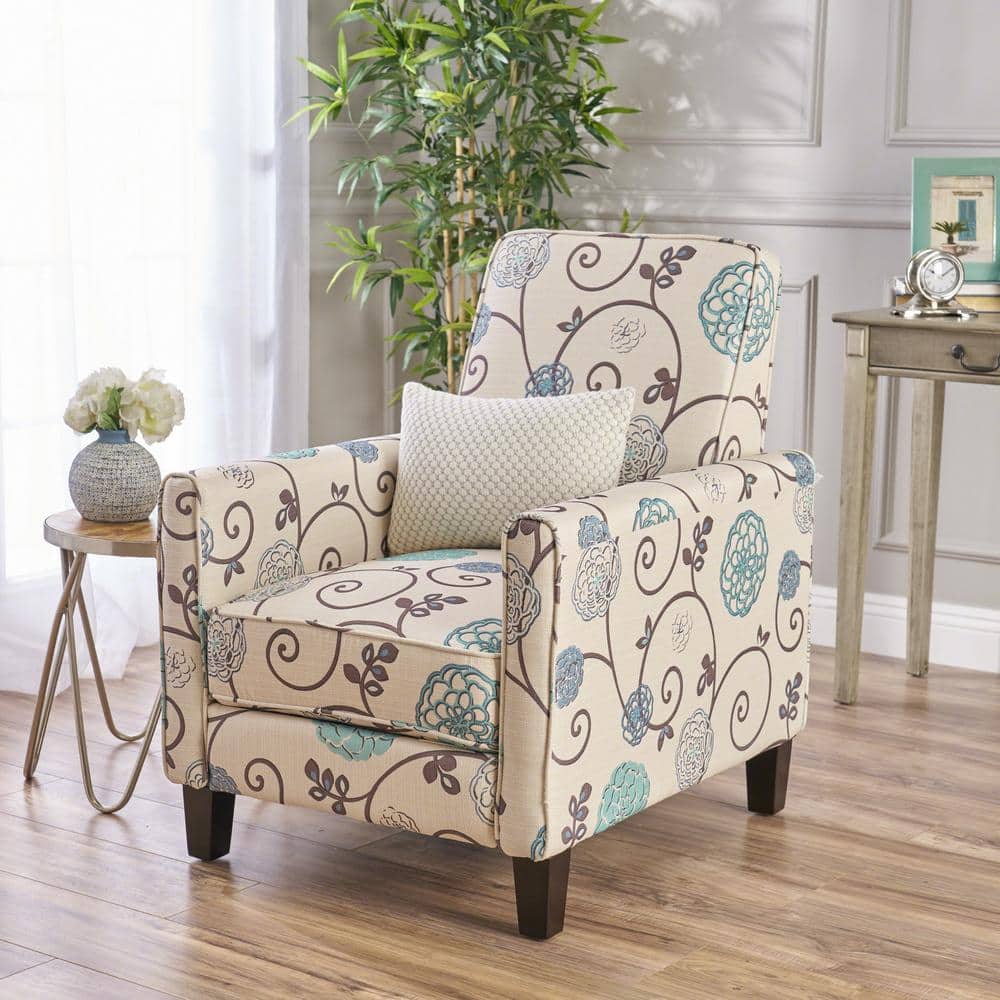 Birch Wood Blue Floral Leather Petite Recliner