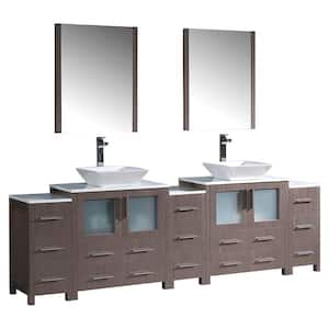 Torino 96 in. Double Vanity in Gray Oak with Glass Stone Vanity Top in White with White Basins and Mirrors