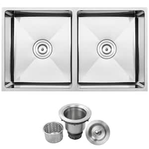 Pacific Undermount 16-Gauge Stainless Steel 31.25 in. 50/50 Double Basin Kitchen Sink with Basket Strainer