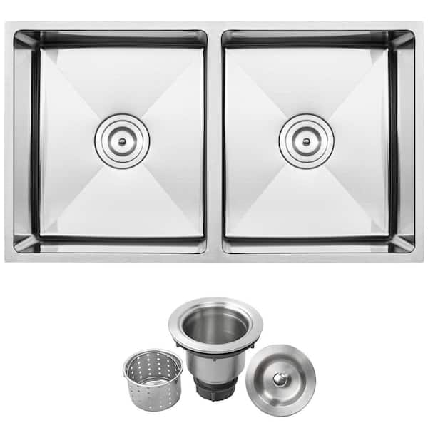 Ticor Pacific Undermount 16-Gauge Stainless Steel 31.25 in. 50/50 Double Basin Kitchen Sink with Basket Strainer