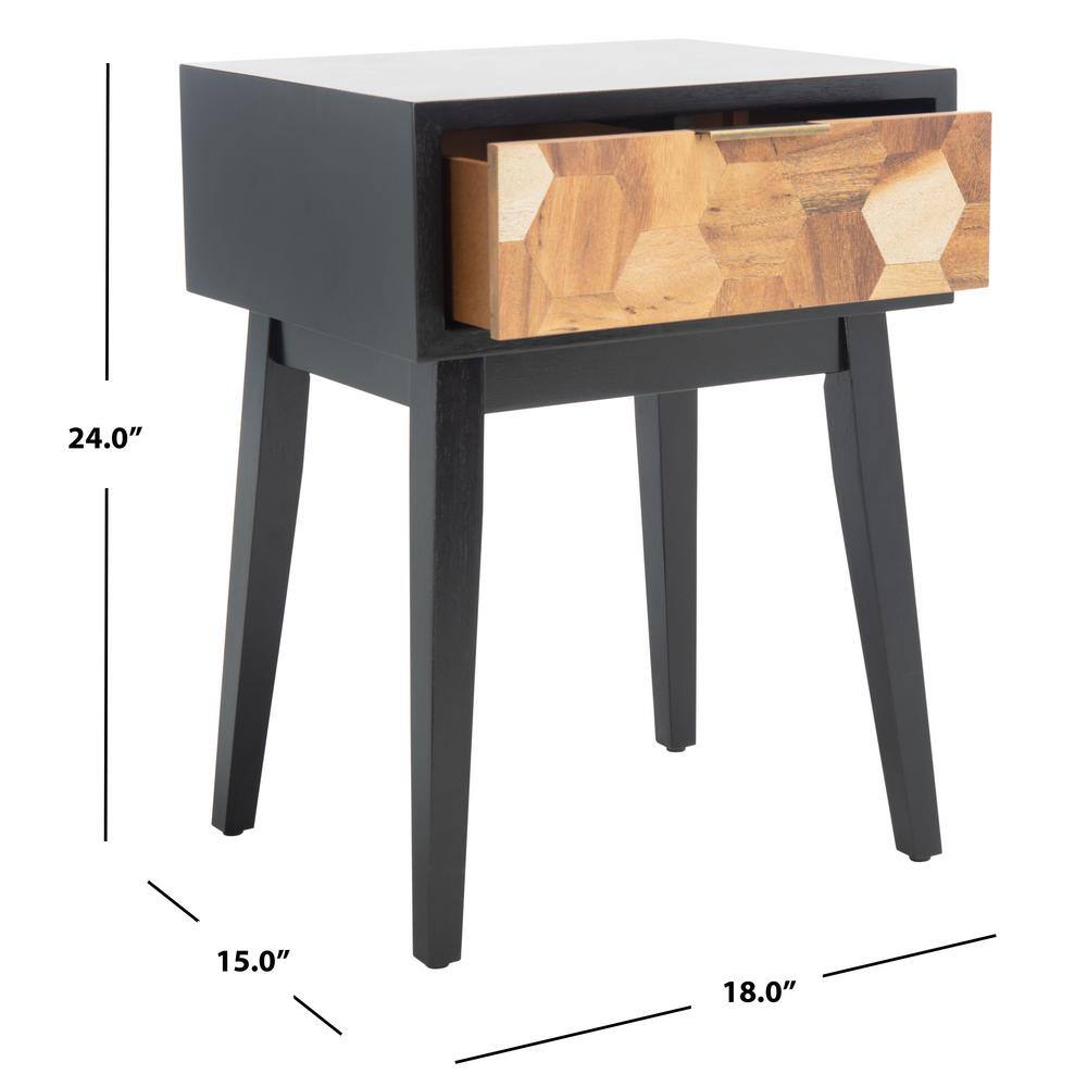 Round Black and Natural Wood Metal Accent Table with Storage