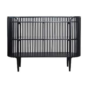 60 in. ." Black Finish Oval Mango Wood Slatted Console Table with 2 Shelves