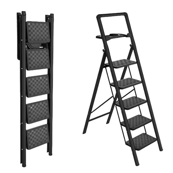 5 ft. Steel Step Ladder Folding Stool with Wide Pedals and Tool Tray for Home, Kitchen Black Standard A Frame Extension