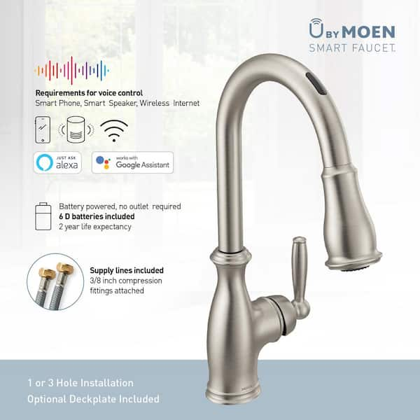 Moen U Brantford Single Handle Pull Down Sprayer Smart Kitchen Faucet With Voice Control And Power Boost In Chrome 7185evc The Home Depot