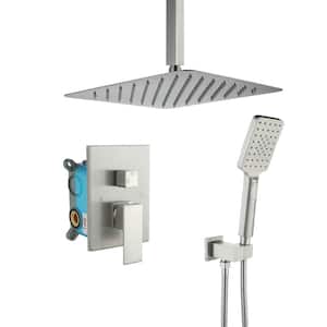 Mondawell Square 3-Spray Patterns 12 in. Ceiling Mount Rain Dual Shower Heads with Handheld and Valve in Brushed Nickel