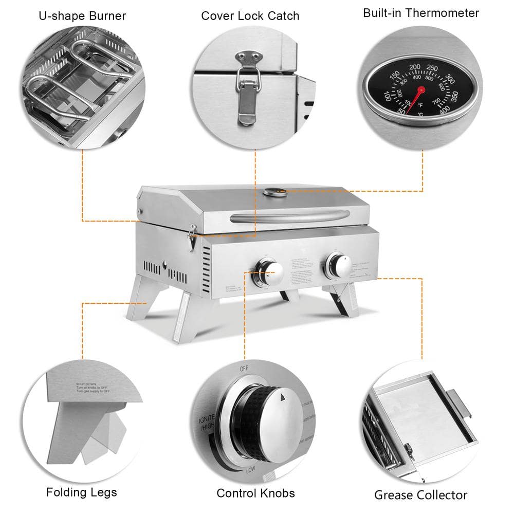 Stainless Steel 2-Burner Portable Propane Gas Grill