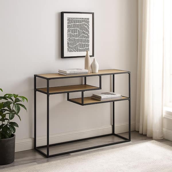 Walker Edison Furniture Company 42 in. Coastal Oak and Black Rectangle Modern Console Table with 2-Shelves