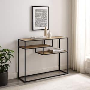 42 in. Coastal Oak/Black Metal Modern Rectangle Console Table with 2-Shelves