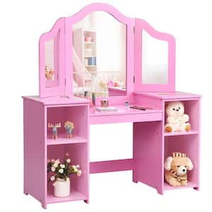 Pink Vanity Table Set Makeup Dressing Kids Girls Study Table Tri Folding Mirror Playard