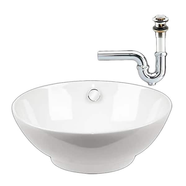 RENOVATORS SUPPLY MANUFACTURING 16.5 in. Watts White Ceramic Round Countertop Bathroom Vessel Sink with Sink Drain and P Trap