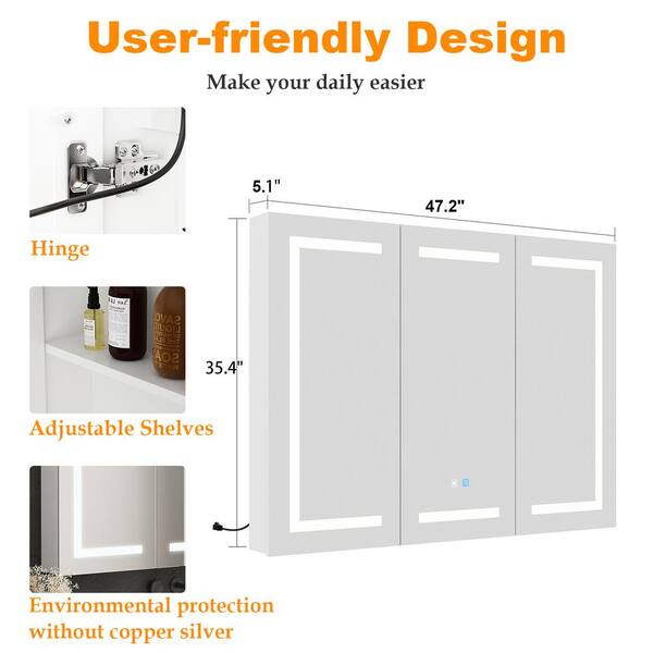 FUFU&GAGA 47.2 in. W x 35.4 in. H Rectangular Surface Mount Bathroom Medicine Cabinet with Mirror, Anti-fog function, LED Light