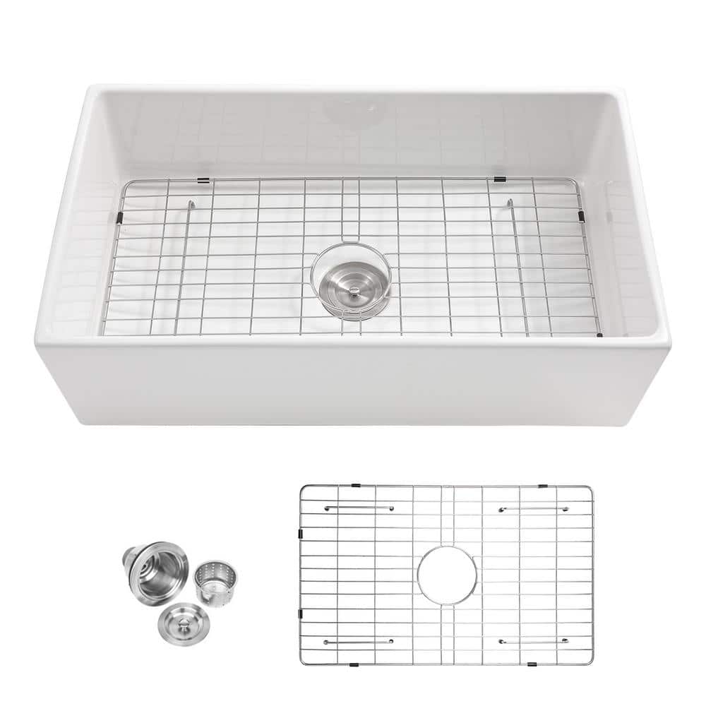 30-inch White Fireclay Farmhouse Single Bowl Kitchen Sink with Accessories