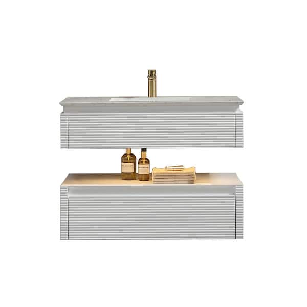 ExBrite MarbleLux 36 in. W x 20.8 in. D x 29.6 in. H Floating Bathroom Vanity with 1 Sink in Birch Wood with White Marble Top
