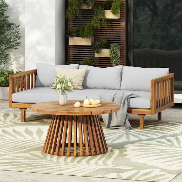 2-Piece Teak Brown Acacia Wood Patio Conversation Set with Light Gray Cushions