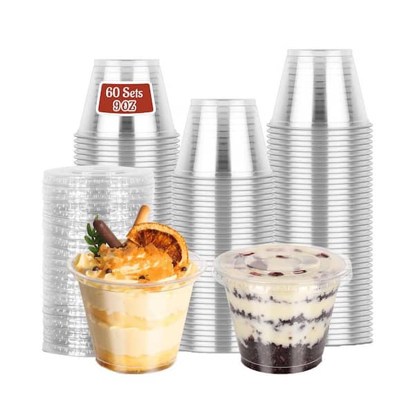 9 oz Clear Plastic Cups with Lids No Hole PET Disposable Food Storage Dessert Cups for Cold Drinks 60 Pack