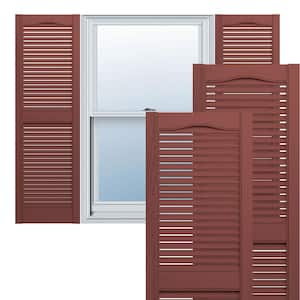 14-1/2 in. x 47 in. Lifetime Vinyl Custom Cathedral Top Center Mullion Open Louvered Shutters Pair Burgundy Red