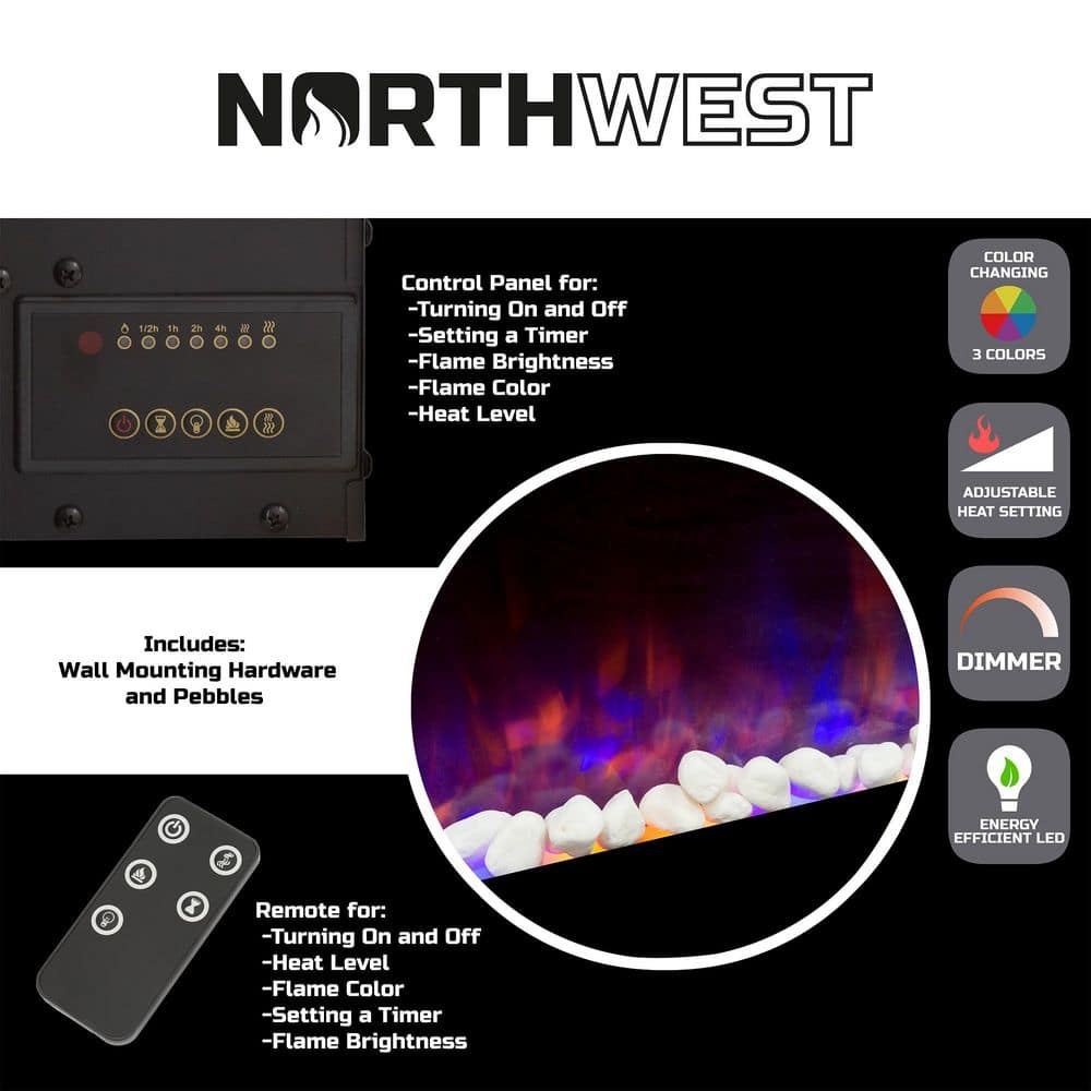 Northwest 42" Black Wall-Mounted Electric Fireplace with Remote