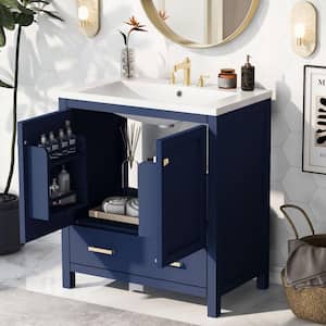 30 in. W x 18 in. D x 34 in. H Freestanding Bath Vanity in Blue with White Ceramic Top Single Sink