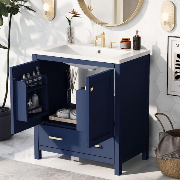 30 in. W x 18 in. D x 34 in. H Freestanding Bath Vanity in Blue with White Ceramic Top Single Sink