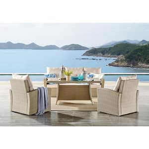 Canaan 4-Piece All-Weather Wicker Deep-Seat Outdoor Dining Set with Sofa, 2-Arm Chairs with Cushions And Cocktail Table