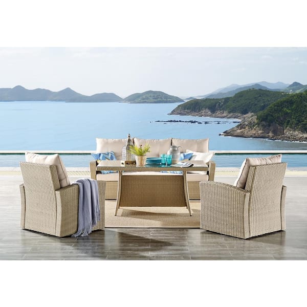 Alaterre Furniture Canaan 4-Piece All-Weather Wicker Deep-Seat Outdoor Dining Set with Sofa, 2-Arm Chairs with Cushions And Cocktail Table