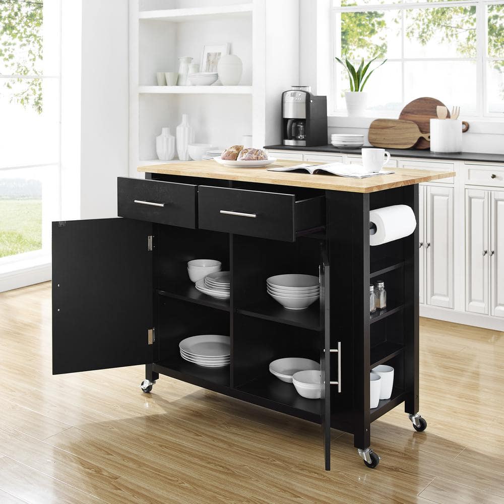 Black Wood Top Drop Leaf Kitchen Island Cart